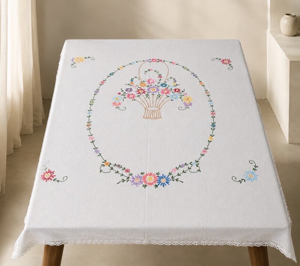 Vtg 70s Tablecloth Floral Hand Embroidered Crochet Lace 84x70” Cottagecore Large